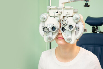 Close-up vision diagnostics. Patient in the ophthalmology clinic