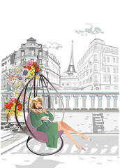 Set of Paris illustrations with fashion girls, cafes and sights. Vector illustration. - obrazy, fototapety, plakaty