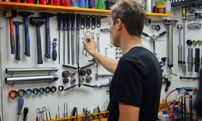 Male technician choosing tool from wall