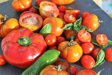 close up of tomatoes and peppers - view from above