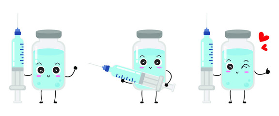 Cute vector of vaccine bottle character. Vaccination fight coronavirus (2019-nCoV), Alcohol gel for against COVID-19, Protection from viruses attack, smile, injection, isolated on white background 2