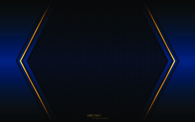 Abstract dark blue polyhedron with golden lines on dark steel mesh background with free space for design.
