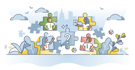 Job search and recruitment candidates professional selection outline concept. Competition for work in company as career growth vector illustration. Looking for human talent as jigsaw puzzle pieces. - obrazy, fototapety, plakaty