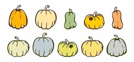 Pumpkin set of 10 pieces. Halloween. Vector illustration in a flat style.