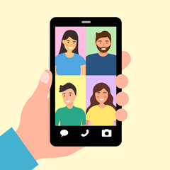 Hand holding smartphone and video call with colleagues or friends via mobile app. Video conference.