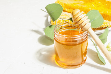 Honeycomb, honey, and beeswax. Natural organic beekeeping products