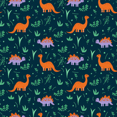 Cute pattern with wild dinosaurs. Infant background of animals among the tropics. Cartoon characters in nature. Background with animals for children's textiles in doodle. Vector illustration