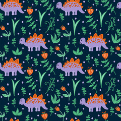 Fototapeta na wymiar Background with dinosaurs among nature for a pattern. Children's Dino background for textiles. Cartoon characters with animals. Vector illustration