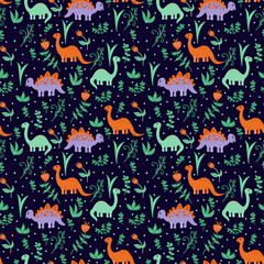 A pattern with cute dinosaurs in the tropics. Cartoon characters in nature for textiles. Wild animals of Dino in doodle. Vector illustration