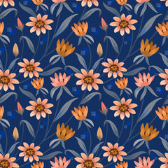 blooming orange color flowers on dark blue background.