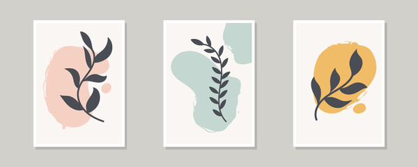 Set of abstract vector posters with trendy color spots and leaves. Modern background minimalist style. Botanical design for wall decoration,  wallpaper, poster, covers and postcards.