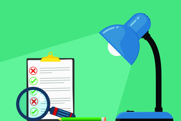Desk lamp icon. Work table with desk lamp and checklist. Vector illustration. Work process.
