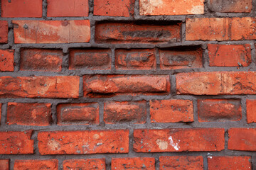 Empty Old Brick Wall Texture. Painted Distressed Wall Surface. Grungy Wide Brickwall. Grunge Red Stonewall Background. Shabby Building Facade With Damaged Plaster. Abstract Web Banner. Copy Space.