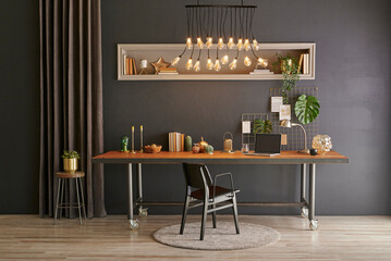 Decorative office room with classic carpet and modern lamp style, wooden table home ornament and...