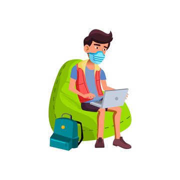 Teenager Boy Wearing Mask In Waiting Room Vector. Teen Guy With Protective Facial Mask Sitting In Soft Chair And Using Laptop. Character Education Quarantine Rules Flat Cartoon Illustration