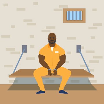 Prisoner is sitting in his cell.  His hands are handcuffed. Life in prison jail. Vector illustration.