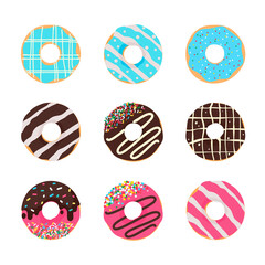 Donut vector Circle donuts with colorful holes covered in delicious chocolate.