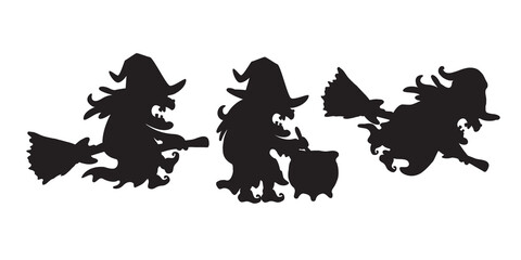 The silhouette of an old witch riding a flying broomstick. A witch cooks poison in a cauldron.