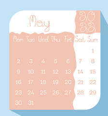 May 2022 calendar planner in pastel color with handwritten letters, week starts on Monday, template, mock up calendar leaf - Illustration. Vector graphic page
