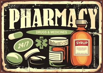 Vintage pharmacy sign with various medicines, drugs, pills and syrups. Apothecary retro sign design template. Pharmacy and medical vector illustration.