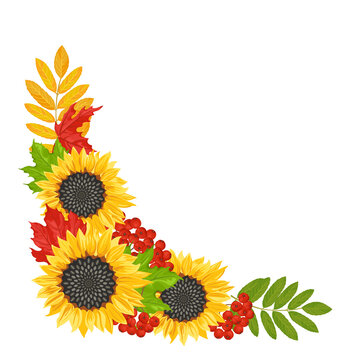 Autumn bouquet with fallen leaves, sunflowers and rowan berries. Floral corner, border. Vector illustration in cartoon flat style.