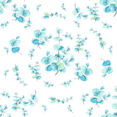 Watercolor seamless floral elements on a white background leaves and branches of eucalyptus. patern