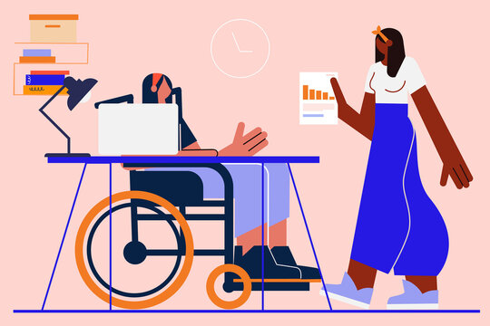 Collaborators, woman at work, wheelchair, workers, professional. Flat vector illustration. Character design