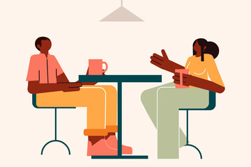 Two people chatting in the cafeteria, flat. Woman and man in a meeting room, talking. Colorful vector illustration. Character design
