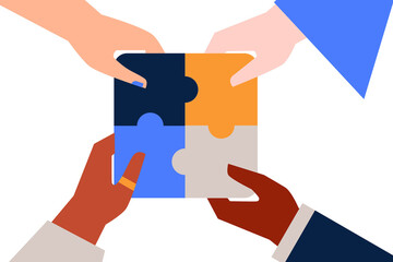 Colorful, vector illustration on the topic of teamwork. Hands, puzzles, collaboration, partnership. Flat design on white background - obrazy, fototapety, plakaty