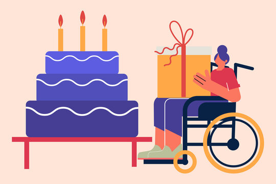 Young person on a wheelchair holding a massive gift, present. Celebration, party, birthday. Super colorful, funky vector illustration. Character design.