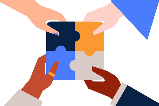 Colorful, vector illustration on the topic of teamwork. Hands, puzzles, collaboration, partnership. Flat design on white background