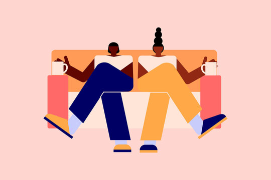 Better together. Two women on the couch sipping tea, coffee. Colorful vector illustration. Concept illustration on modern family, connection and friendship. 