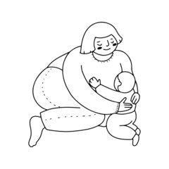 Hand drawn line art of a mother gently hugging her baby