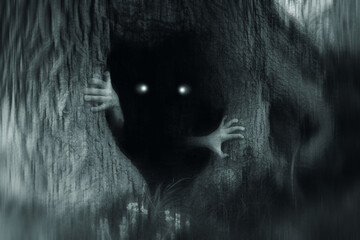 A spooky horror concept of a monster with glowing eyes, hiding in a tree trunk, in a dark spooky forest. With a grunge, blurred, edit. © Dave