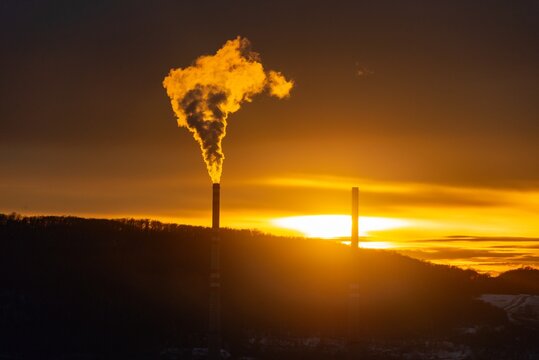 Industrial town chimney factory sunset, Usti nad Labem, Czechia