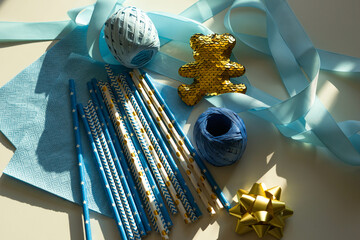 Baby showers decor. Blue and golden color concept for gender reveal party, newborn baby, boy's birthday. Backgrounds