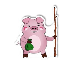 A pig setting off on a journey. Saving money a little piggy. Sticker illustration