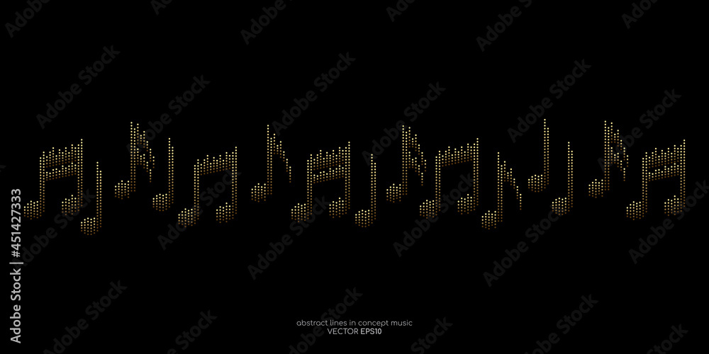 Poster music notes by equalizer lines wavy flowing in gold light colors isolated on black background in lux