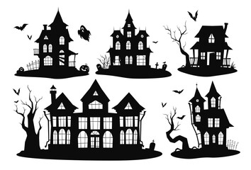 Collection silhouettes of haunted houses vector flat illustration. Set of scary house for Halloween - obrazy, fototapety, plakaty