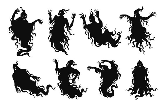 Set of silhouettes of scary ghosts vector flat illustration evil spirit black shadow Halloween demon