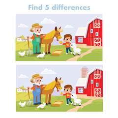 Find spot 5 differences. Educational matching game for children. Cartoon vector illustration. Old MacDonald farmer stand beside horse. Farm building. Farmer with horse. Countryside background.