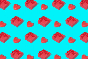 Pattern with gift boxes and hearts, as a concept of a wedding or valentine's day holiday.