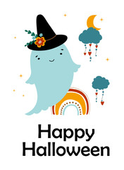 Cute halloween, children's character ghost in a witch's hat on a rainbow background, pumpkin with clouds and moon. Vector illustrations in flat style