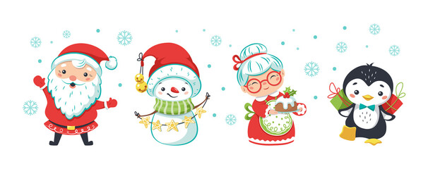 Set of happy Christmas characters decorated by snowflakes. Smiling Santa Claus, snowman, grandmother