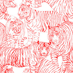 Seamless pattern with painted in gouache tigers in vintage style