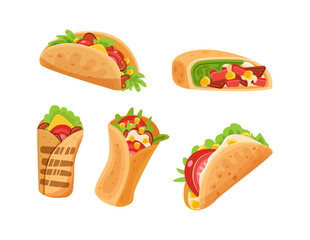 Set traditional Mexican wrapped fast food fajita, burritos and tacos. National Mexico spicy dish