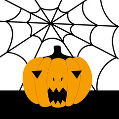 Creepy pumpkin on the background of a black spider web. Simple vector illustration in linear and flat style.