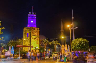 Clock tower in evening lights, Antalya, Turkey