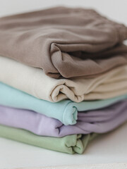 A stack of knitted clothes in soothing colors. Telpy autumn clothes. Clothes after washing.