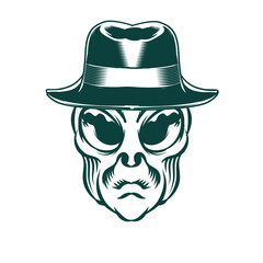 Illustration of Alien head with retro hat for logo badge design vector element